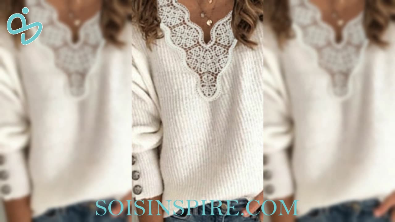 Full Size Lace Trim V-Neck Sweater
