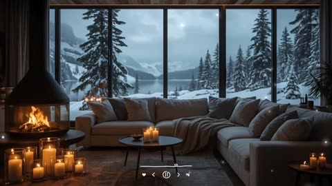 Chill Lofi Music with Cozy Living room with fireplace and snowfall