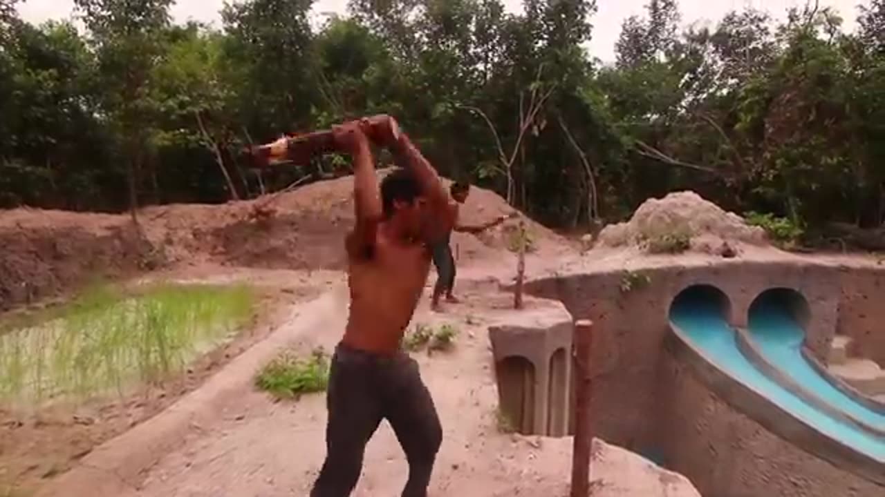 Water Slide into Swimming Pool House Build