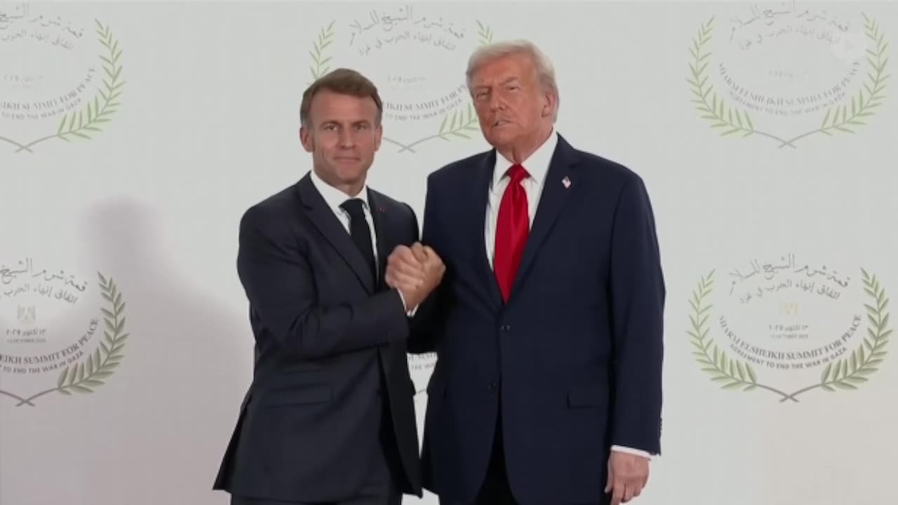 Trump and Macron "arm-wrestle" at Gaza Peace Summit.