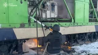 Fire extinguishing a Ukrainian locomotive struck by a drone in Konotop, Sumy Oblast.