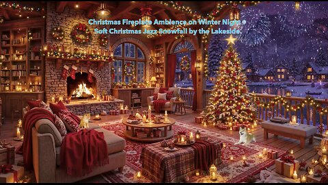 Christmas Fireplace Ambience on Winter Night ❄️ Soft Christmas Jazz Snowfall by the Lakeside