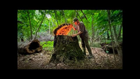 Building a Secret Underground Log Cabin in the Forest