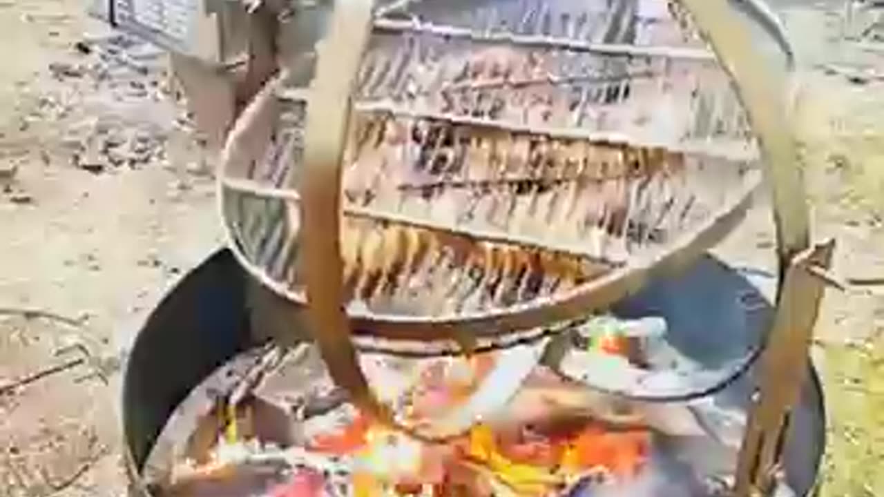 An automatic appliance for cooking meat over direct fire from all sides..