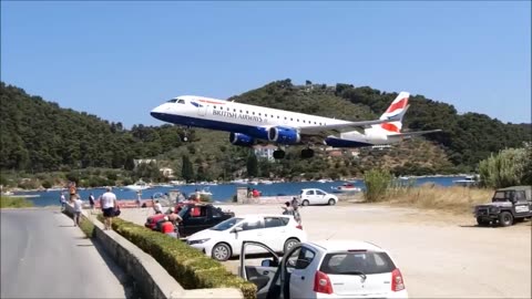 Landing of the Embraer ERJ-190 of British Airways at the airport of the Greek island Skiathos