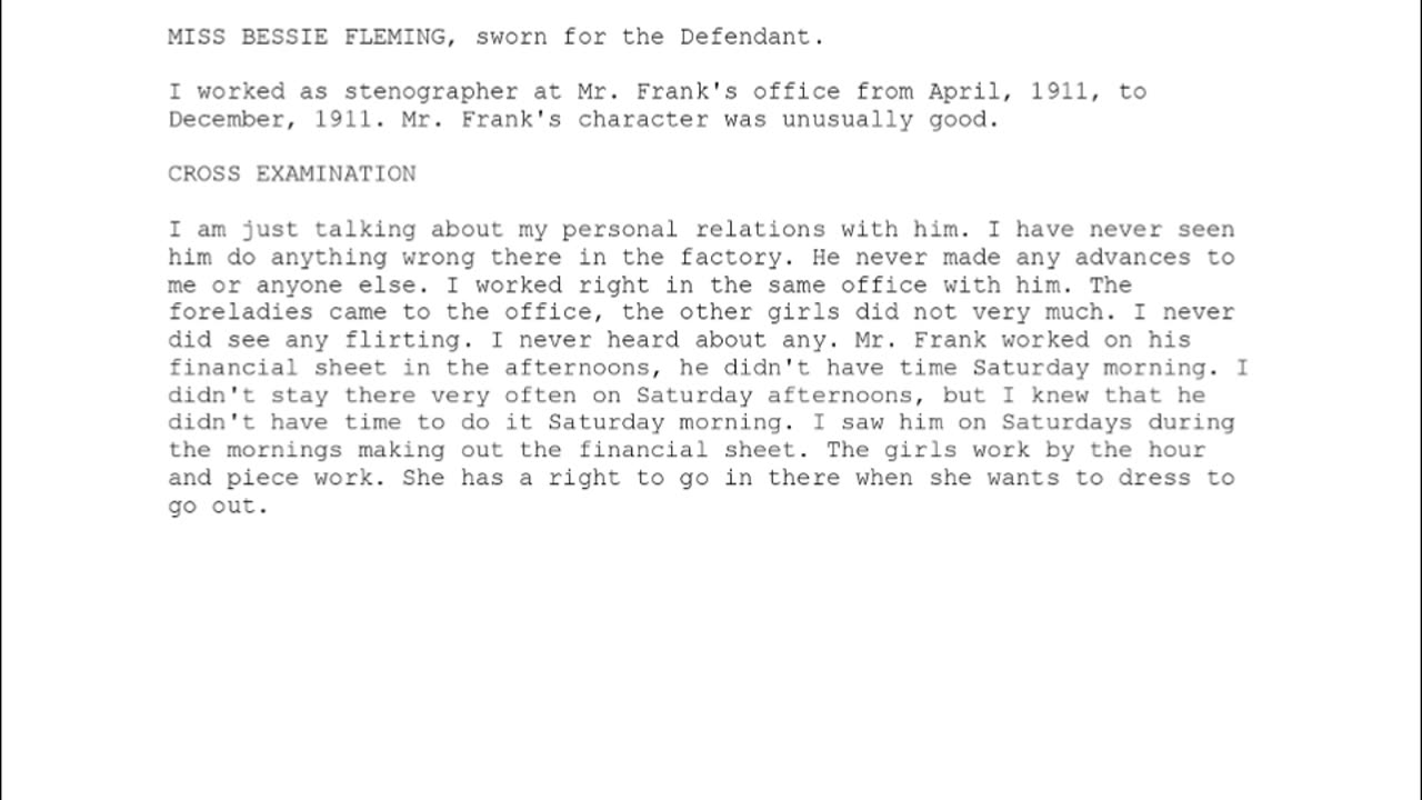 MISS BESSIE FLEMING, Sworn In For The Defendant, 143rd To Testify