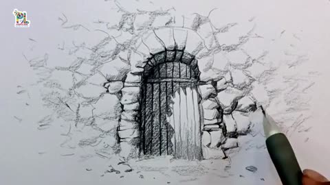 How to draw Old Rock Wall with Wooden Door with Pencil