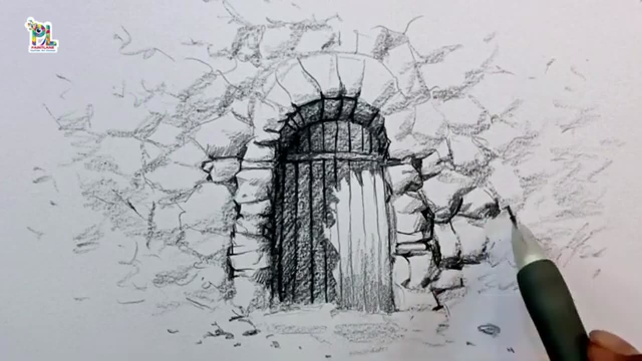 How to draw Old Rock Wall with Wooden Door with Pencil