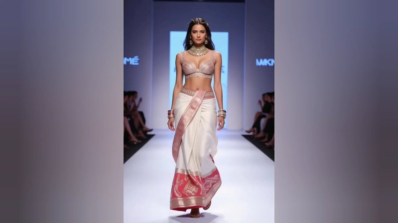 A glamorous Indian model walking on a ramp in a fusion Indo-western outfit