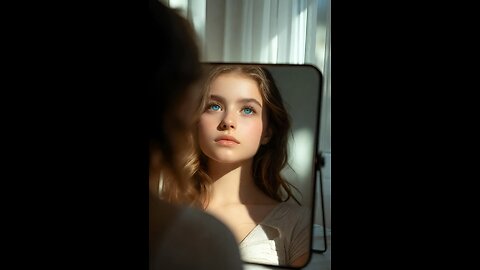 A young woman gazes at her reflection in a softly lit room, in a realistic style.