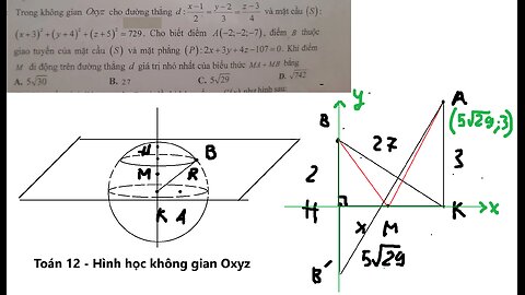 Toán 12: Trong không gian Oxyz cho đường thắng d : (x-1)/2 = (y-2)/3 = (z-3)/4 và mặt cầu (S):