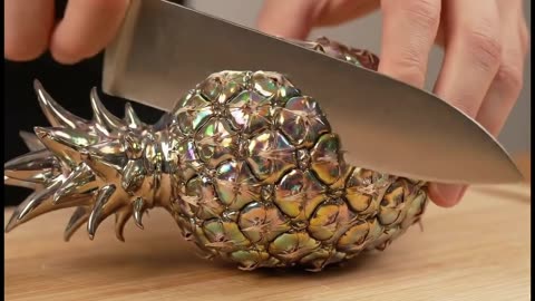 Slicing Liquid Chrome Fruits with Crystal Cores. ASMR