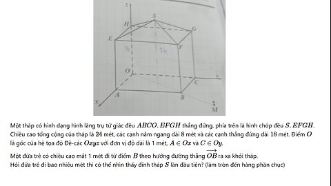 Một tháp có hình dạng hình lăng trụ tứ giác đều ABCO.EFGH thẳng đứng, phía trên là hình chóp đều