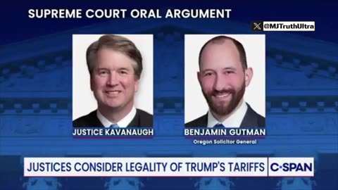 Justice Kavanaugh questions Benjamin Gutman about the Tariff case.