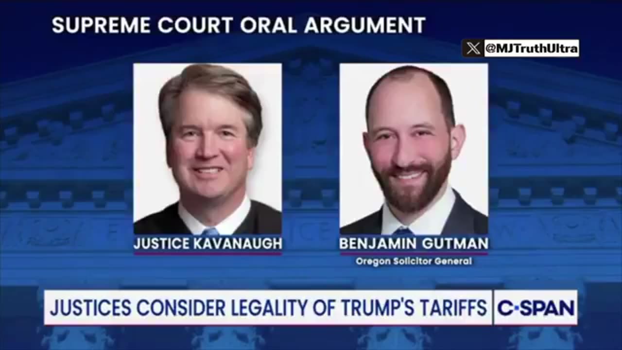Justice Kavanaugh questions Benjamin Gutman about the Tariff case.