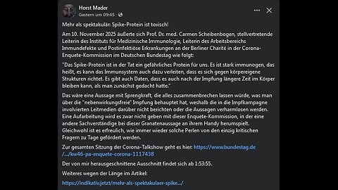 Mehr als spektakulär: Spike-Protein ist toxisch! (Thread: Horst Mader 13.11.2025)