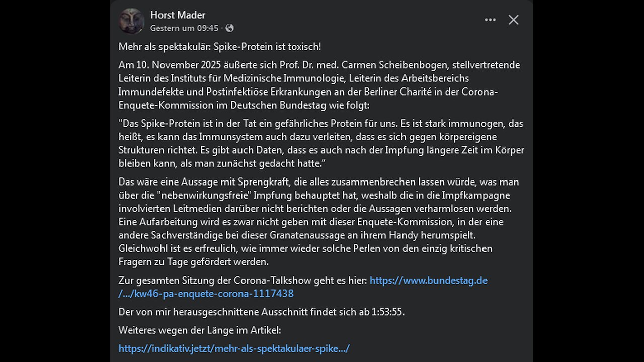 Mehr als spektakulär: Spike-Protein ist toxisch! (Thread: Horst Mader 13.11.2025)
