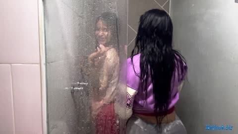 Two Wet Girls in the Shower – Red Outfit Wetlook Fun