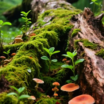 Moss and mushrooms on the tree trunk~