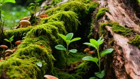 Moss and mushrooms on the tree trunk~