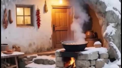 Snowy mountain cave resort.