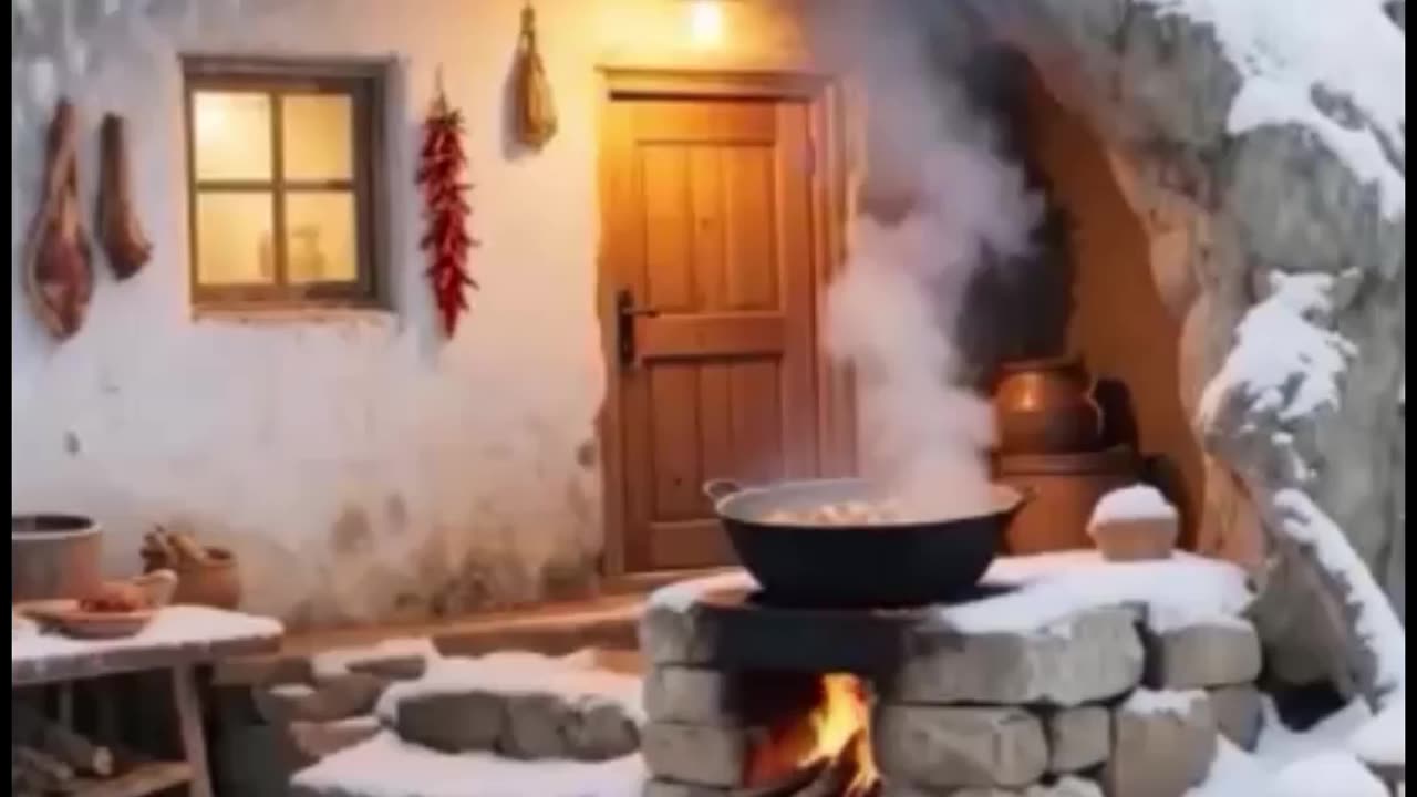 Snowy mountain cave resort.