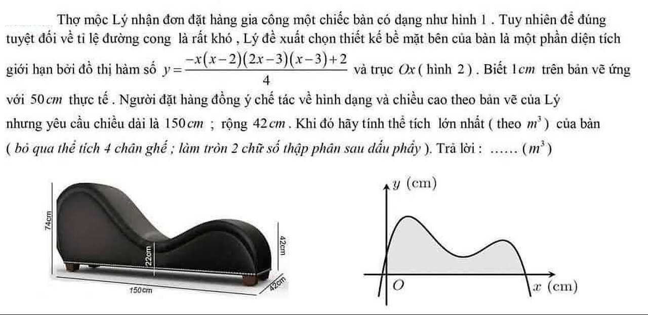 Toán 12: Thợ mộc Lý nhận đơn đặt hàng gia công một chiếc bàn có dạng như hình 1 . Tuy nhiên