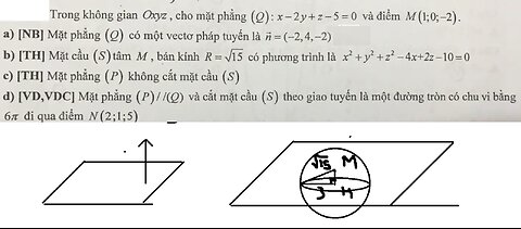 Toán 12: Trong không gian Oxyz, cho mặt phẳng (Q): x-2y+z-5=0 và điểm M(1;0;-2) - Đúng/Sai