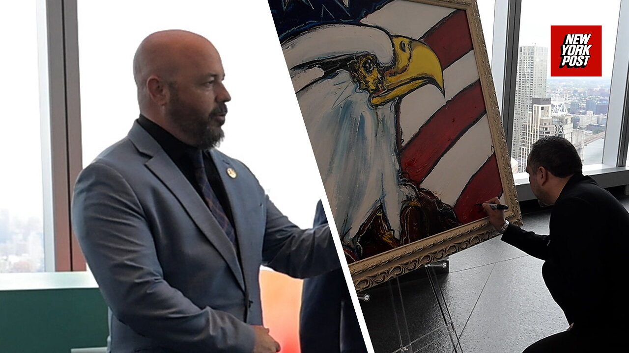 Foundation member George Kauper speaks at the unveiling of Port Authority police painting by David Banegas