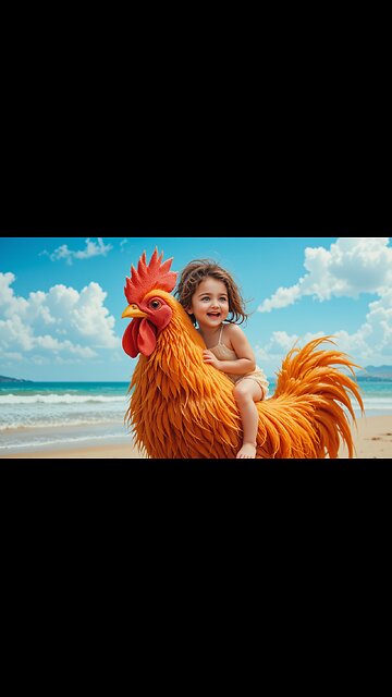 Giggles Galore: Kid Riding a Rooster at the Beach! 🐔🏖️😆