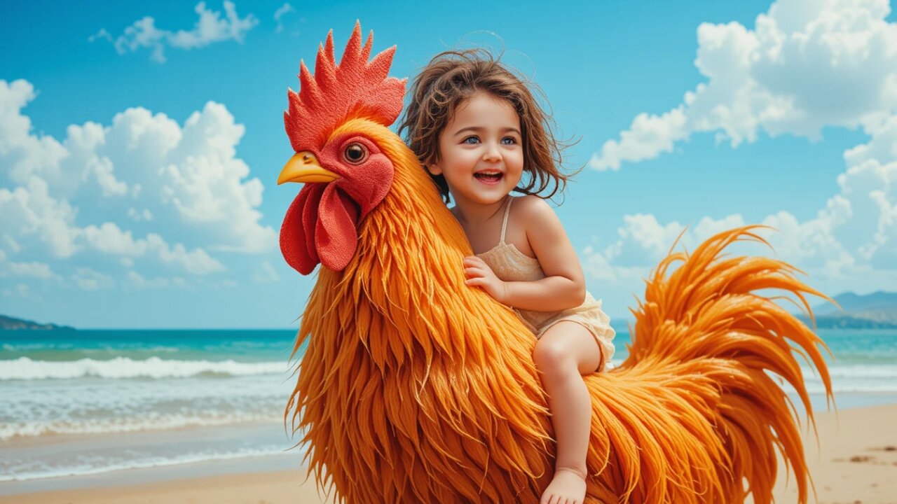 Giggles Galore: Kid Riding a Rooster at the Beach! 🐔🏖️😆