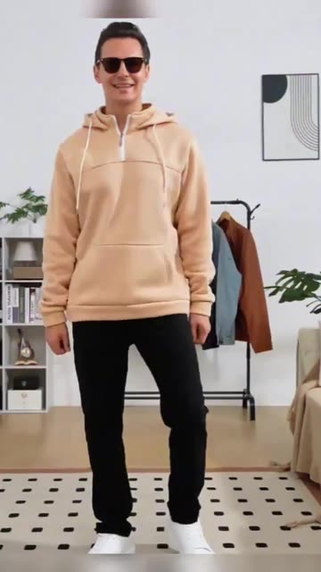 Men’s Solid Color Casual Hoodie with Half-Zip, Long Sleeve Pullover