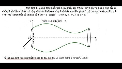 Một bình hoa hình dạng khối tròn xoay chiều cao 60cm, đáy bình và miệng bình đều có đường kính 20cm