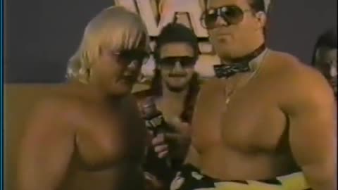 1985-interview-Jimmy-Hart-Greg-Valentine-Brutus-Beefcake-before they win tag team championship