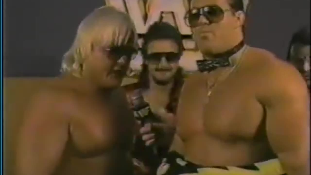 1985-interview-Jimmy-Hart-Greg-Valentine-Brutus-Beefcake-before they win tag team championship