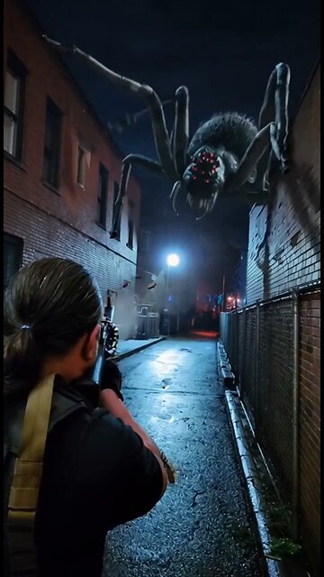 Russell Blade shoots down a giant spider with a machine gun