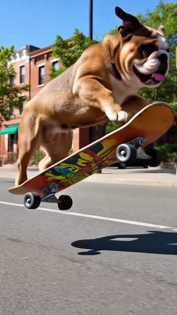 Bulldog riding a Skateboard