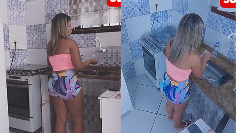 LATINA WASHING DISHES IN LEGGING SHORTS