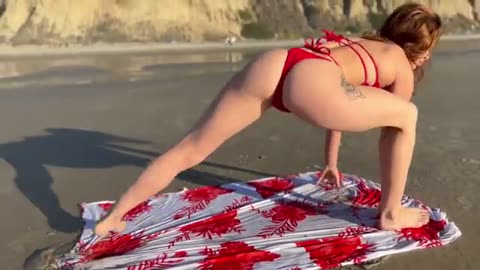 Sexy bikini beach yoga