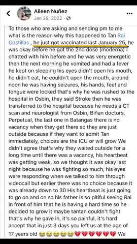 Rai Costillas(17) passed away following a stroke, seizures, and a vaccine reaction