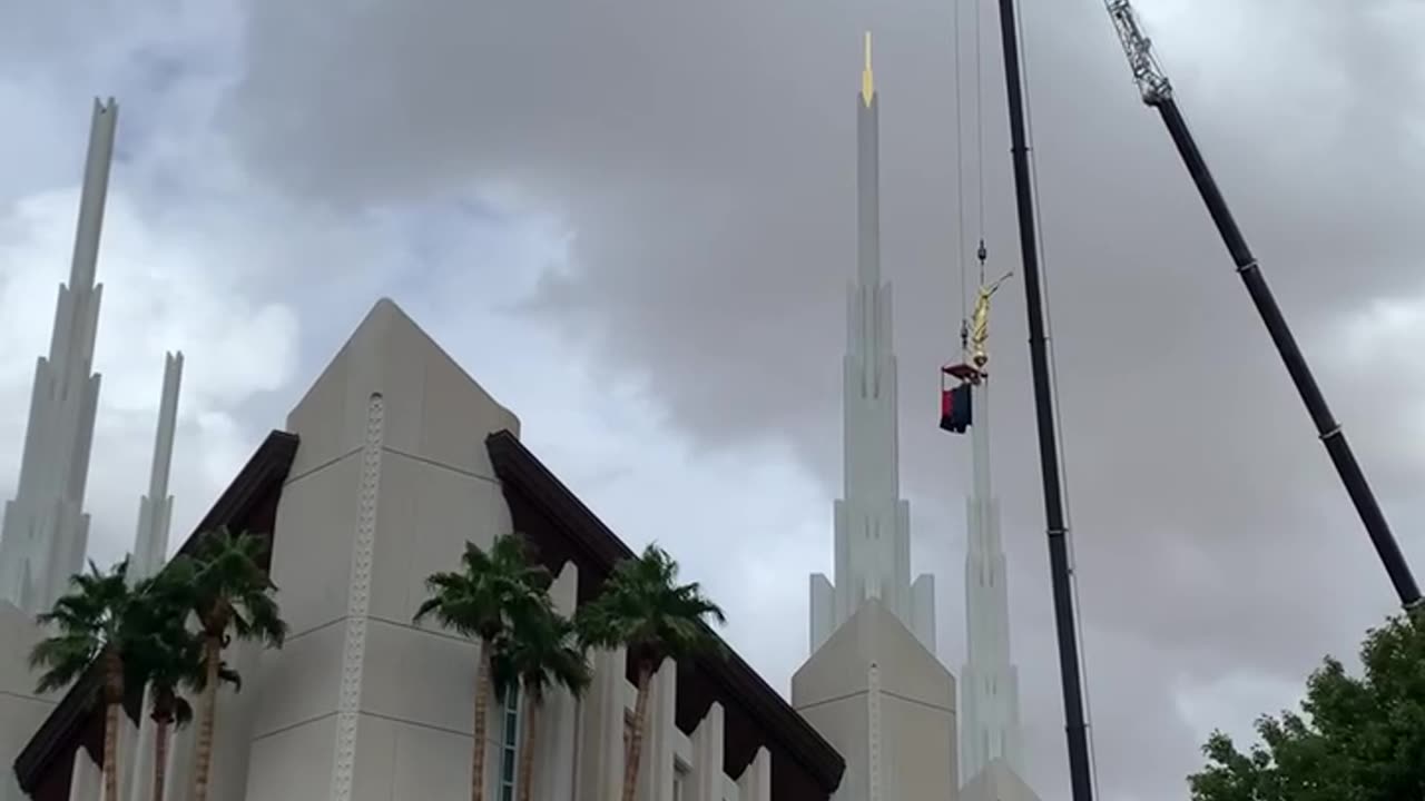 Las Vegas temple statue being put back in place