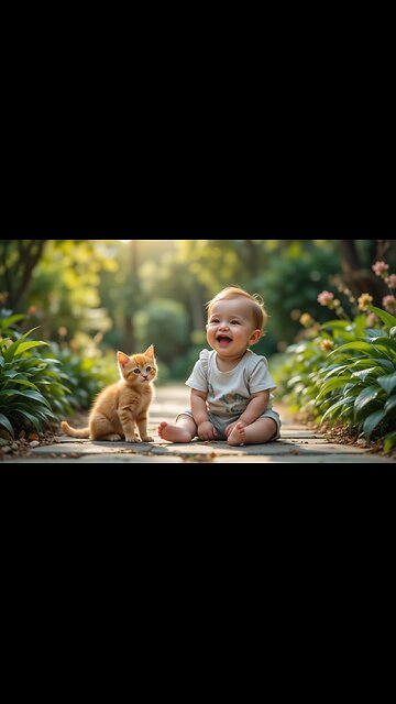 Cute Baby Laughs with Playful Kitten in Nature! 🌿🐱✨