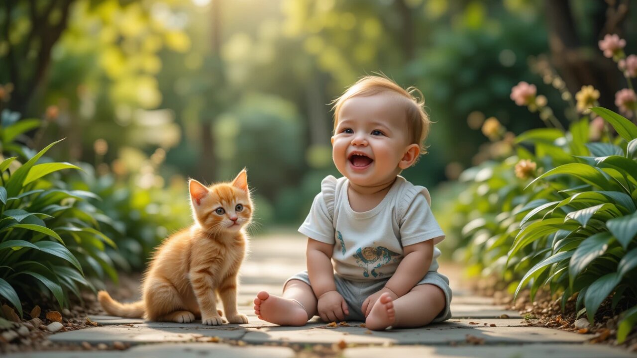 Cute Baby Laughs with Playful Kitten in Nature! 🌿🐱✨