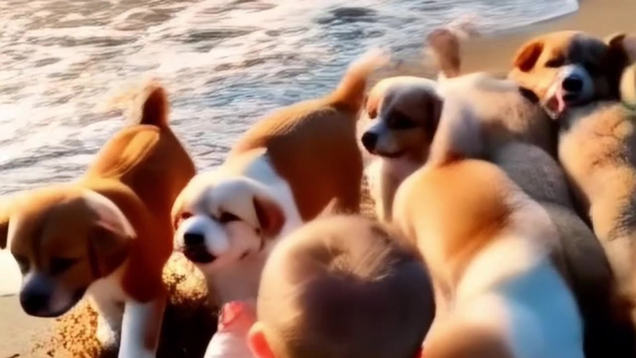 cute kind loves to play with little puppies