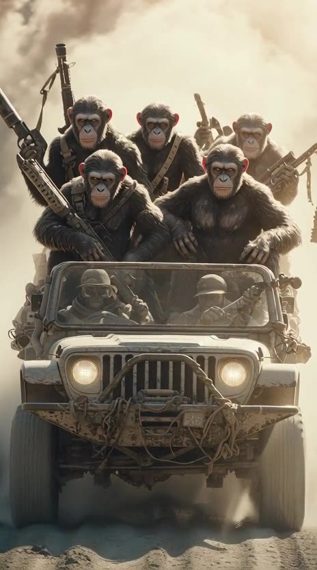 chimpanzees and monkeys riding on an open-roof rugged jeep tearing through a dusty wilderness road