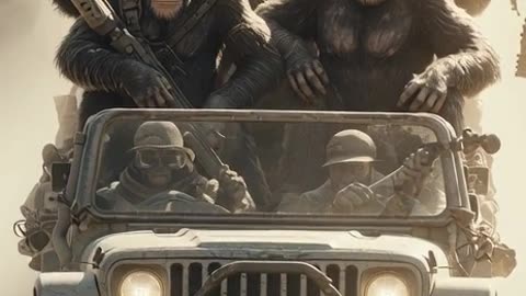 chimpanzees and monkeys riding on an open-roof rugged jeep tearing through a dusty wilderness road
