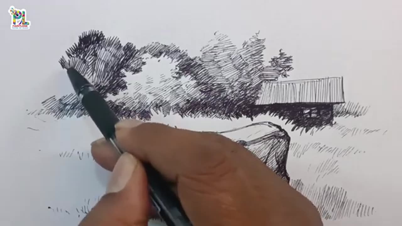 How to draw Country Farm with Cow in Landscape Art || Easy Pen Art