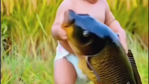 "The Super Cute Kid's Battle with the Big Fish. So funny!"