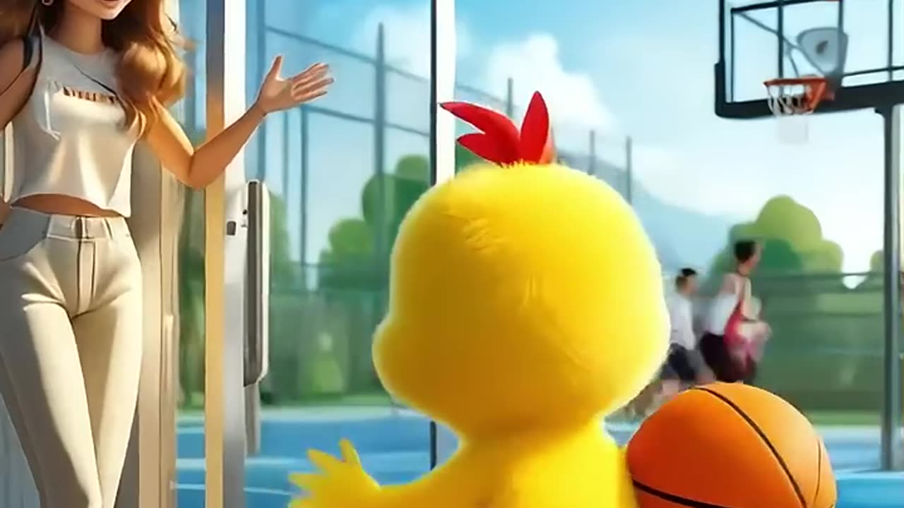 A little chick is playing basketball.