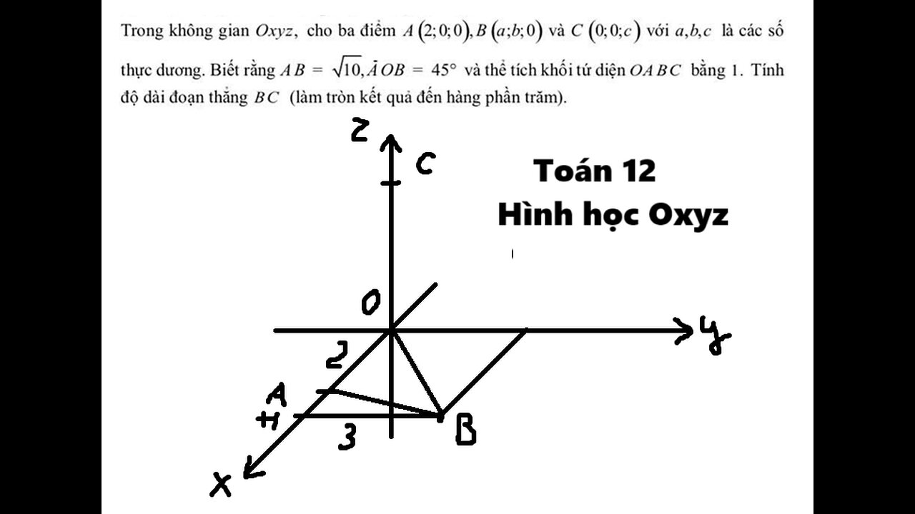Toán 12: Trong không gian Oxyz, cho ba điểm A(2;0;0), B(a;b;0) và C(0;0;c) với a,b,c là các số thực